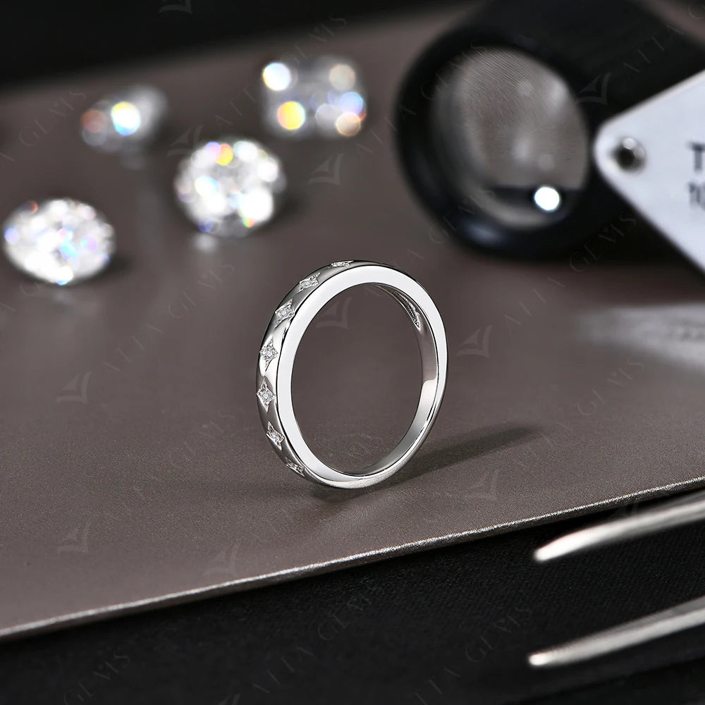 18K White Gold Plated 925 Sterling Silver Star Moissanite Wedding Band for Women