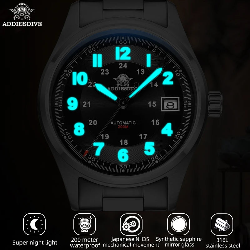 ADDIESDIVE Luxurious Men's Automatic Watch NH35A Mechanical Watch Sapphire Glass 200m Waterproof Analog Luminous Watches AD2048