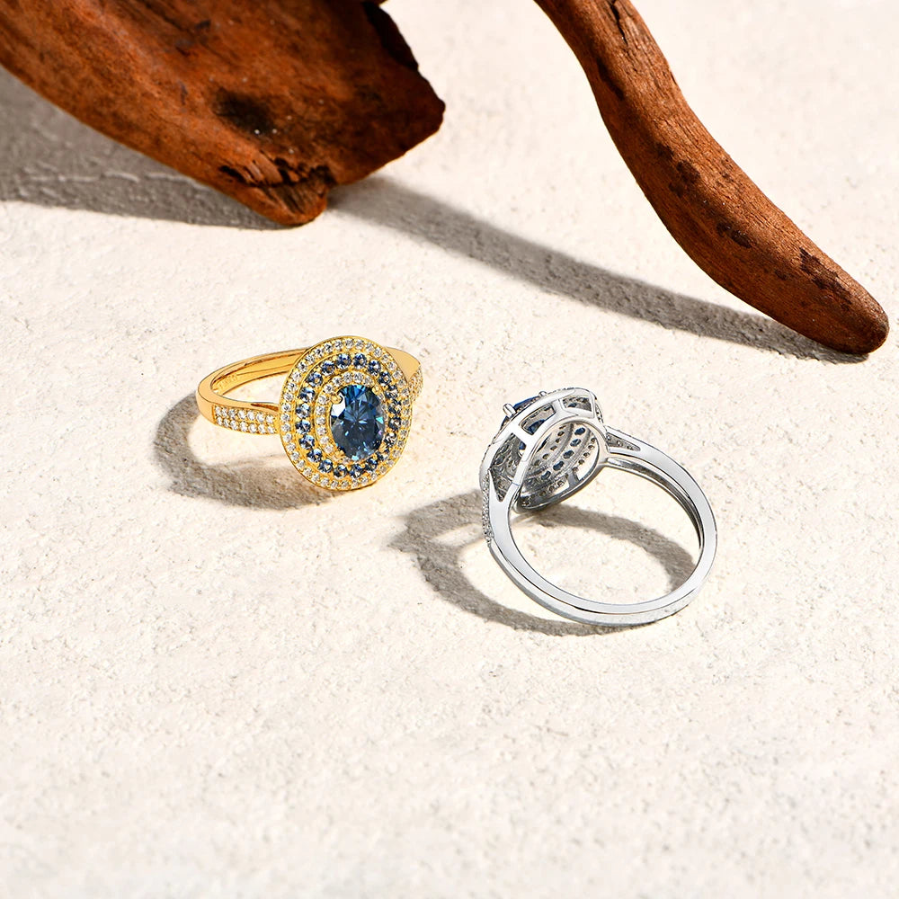 18K Gold Plated 925 Sterling Silver 1ct Blue Moissanite Oval Engagement Ring for Women