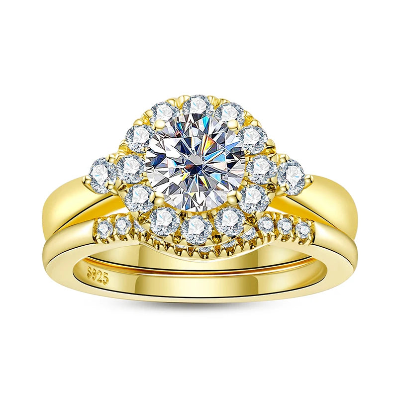 Moissanite Engagement Ring Set – 1 Carat, Gold Color 925 Sterling Silver for Women