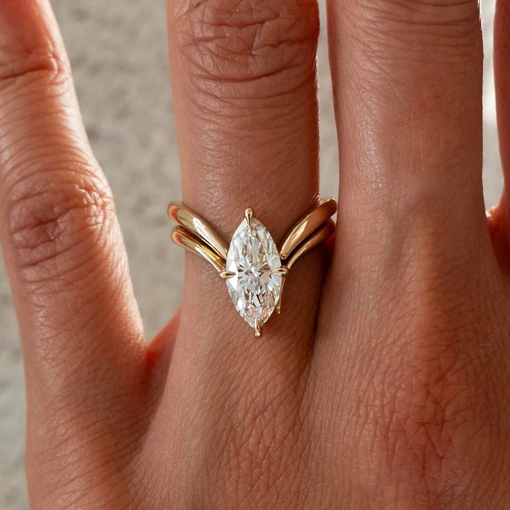 BXINY Marquise Cut Moissanite Solitaire Ring – 925 Silver & 18K Gold Plating Wedding Band