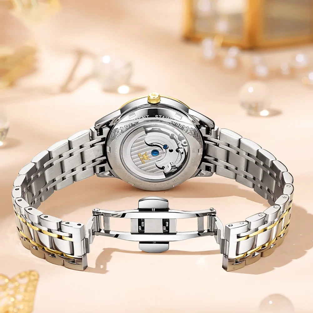 Women's Tourbillon-Style Automatic Watch 32mm Water Resistant Roman Numerals Moon Phase