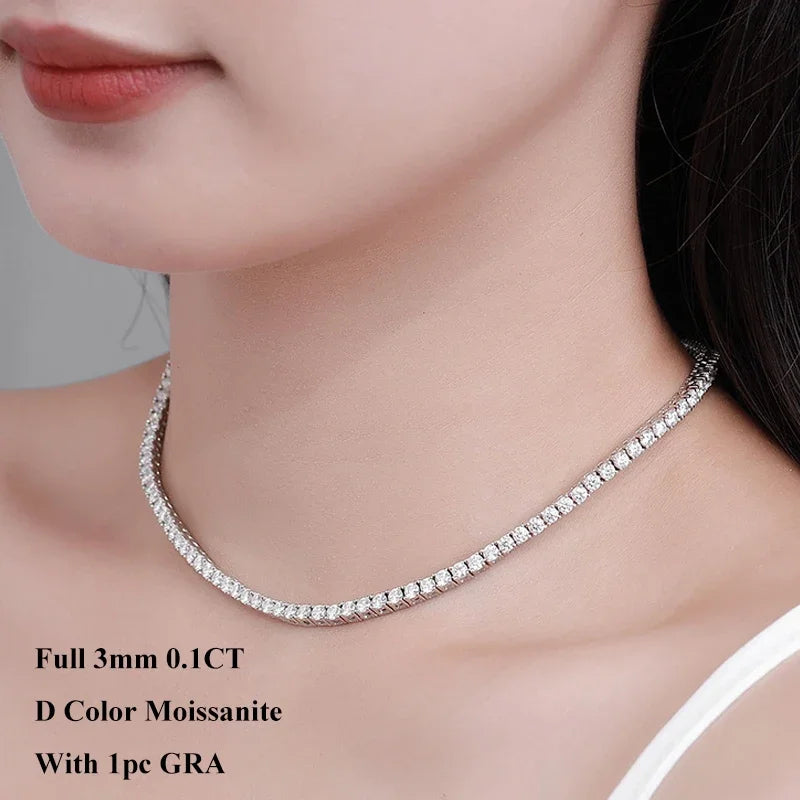 Women’s Moissanite Tennis Necklace D Color S925 Silver Sparkling Diamond Chain