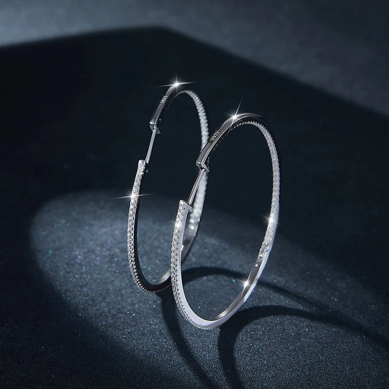 Women’s Moissanite Hoop Earrings 50mm Sterling Silver Full Eternity D Color Sparkling Design