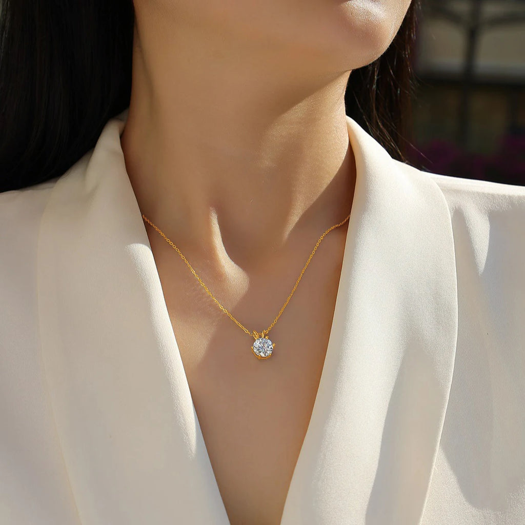 Aurora Goldsmiths Round Cut 14K Gold Moissanite Pendant Necklace – 1ct-3ct Solitaire for Women