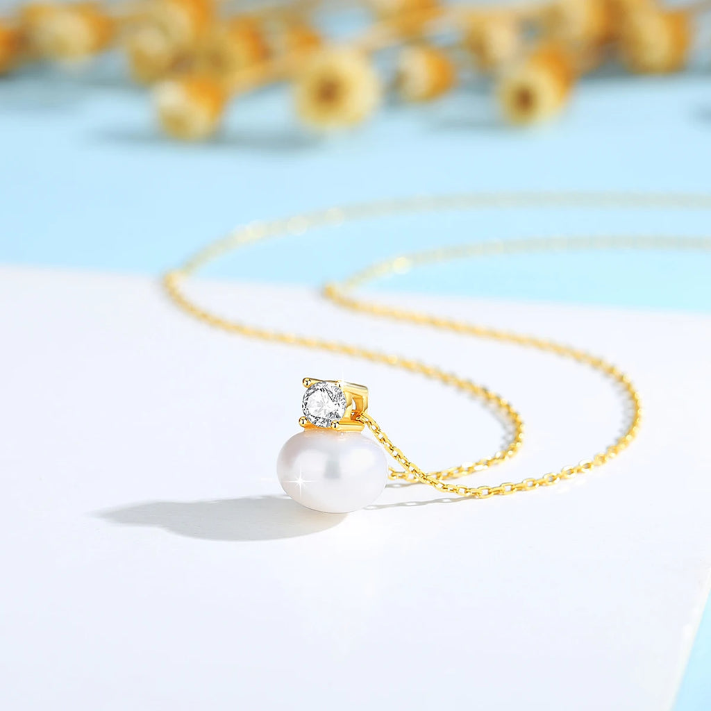 Elegant Craft Jewelry Freshwater Pearl Pendant Necklace – 18K Real Gold with Moissanite Accent