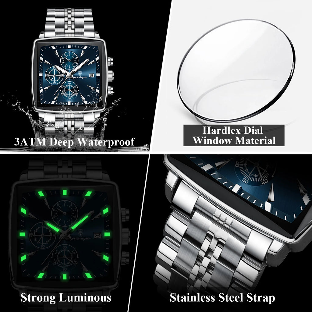 POEDAGAR Square Men Watch Waterproof Luminous Chronograph Calendar Man Wristwatch Stainless Steel Quartz Men's Watches+Box Reloj