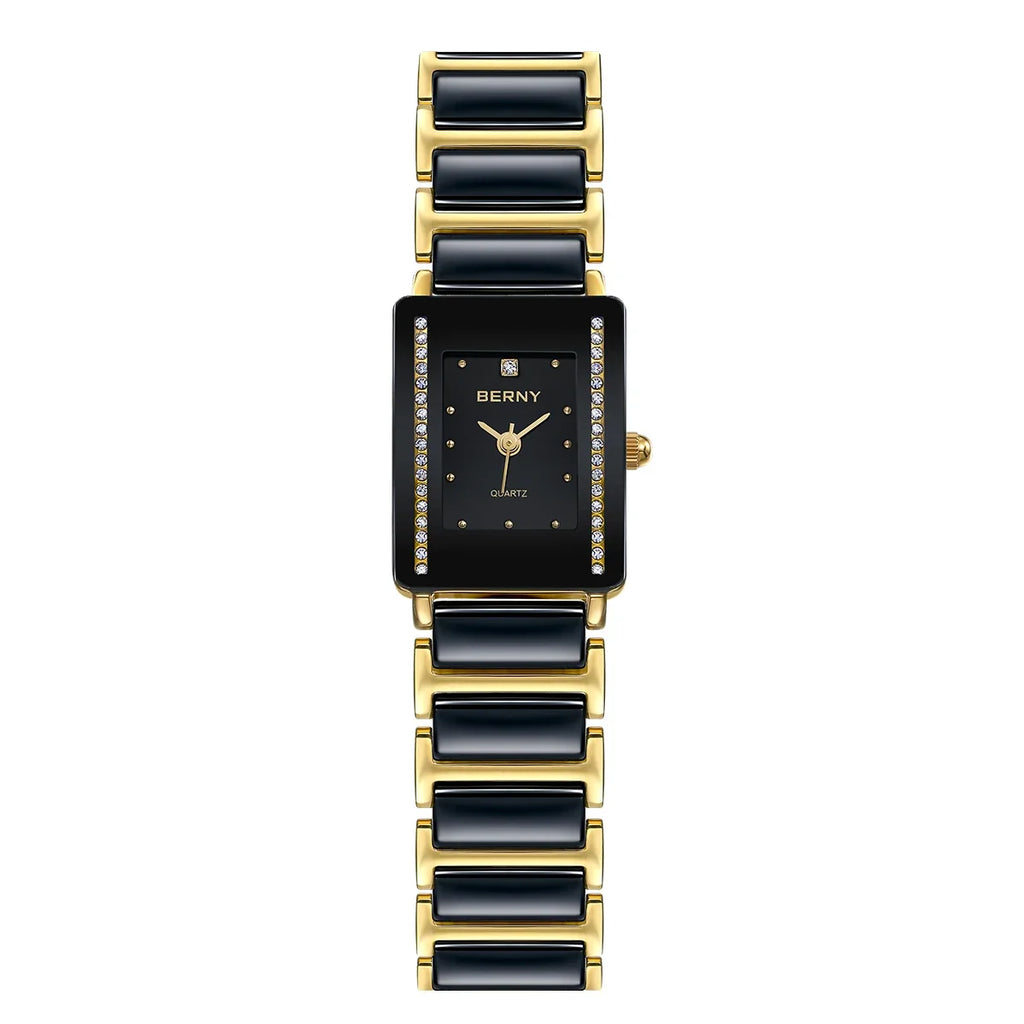 Reloj de Cuarzo Cerámico Rectangular Dorado – Elegancia BERNY