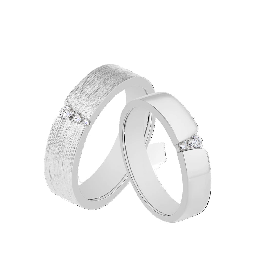 Women and Men Moissanite Couple Rings Brushed Design Sterling Silver Wedding Bands