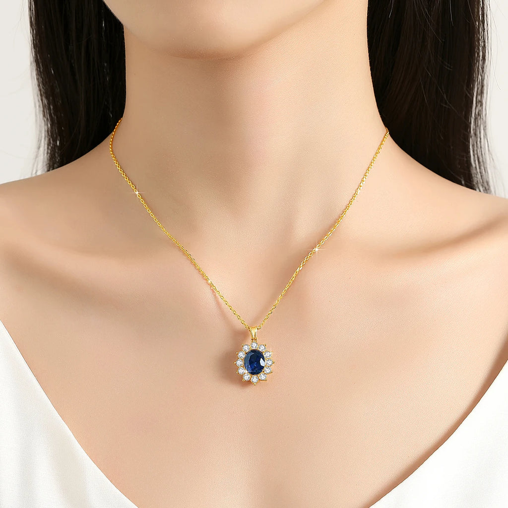 Szjinao Elegant Oval-Cut Synthetic Sapphire Pendant Necklace – 18K Gold Women’s Jewelry