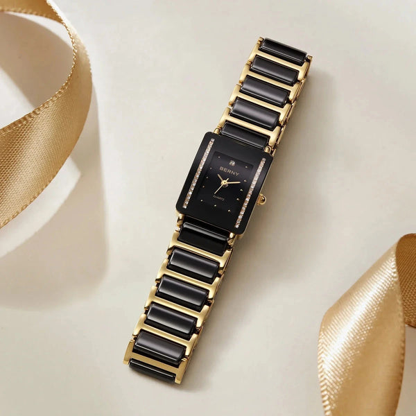 BERNY rectangular watch with black ceramic-link bracelet on its original ribbon background