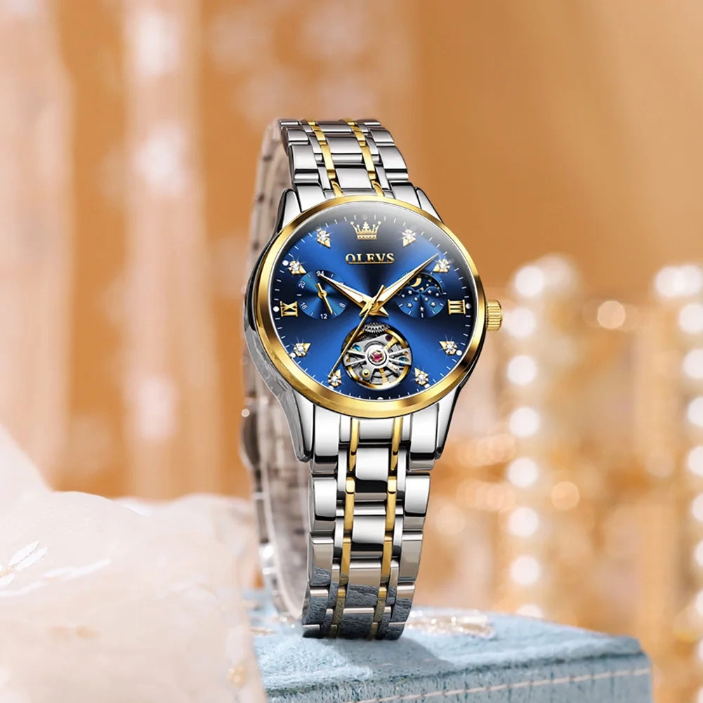 Women's Tourbillon-Style Automatic Watch 32mm Water Resistant Roman Numerals Moon Phase