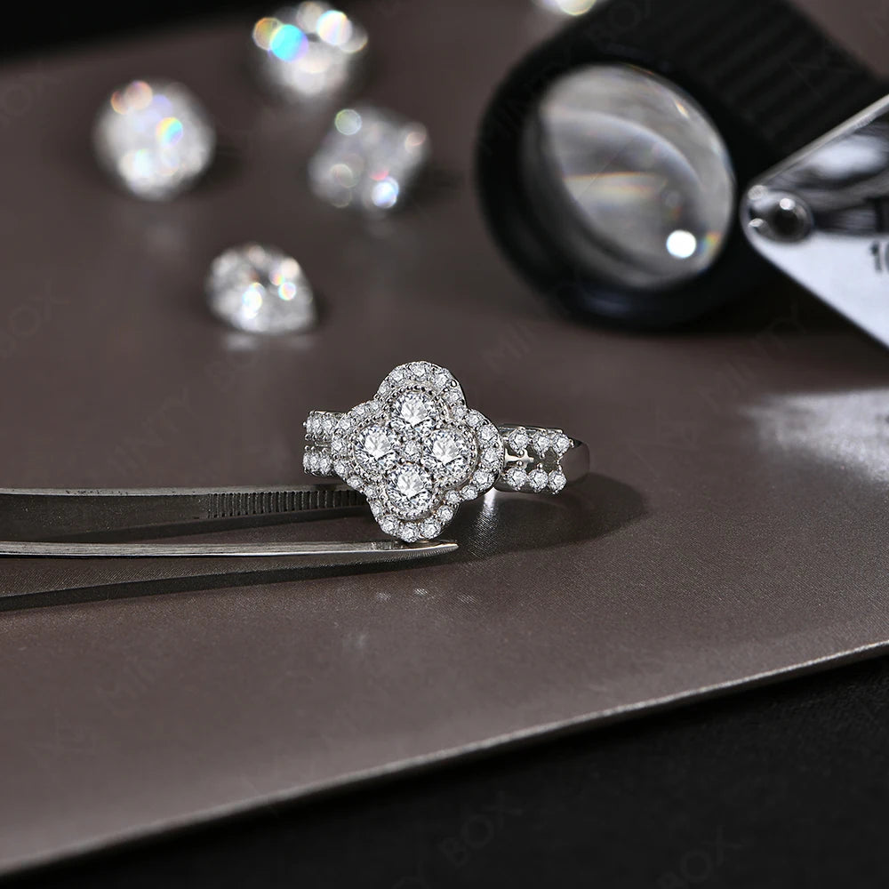 Women’s Moissanite Sterling Silver Four-Leaf Engagement Wedding Ring Elegant Bridal