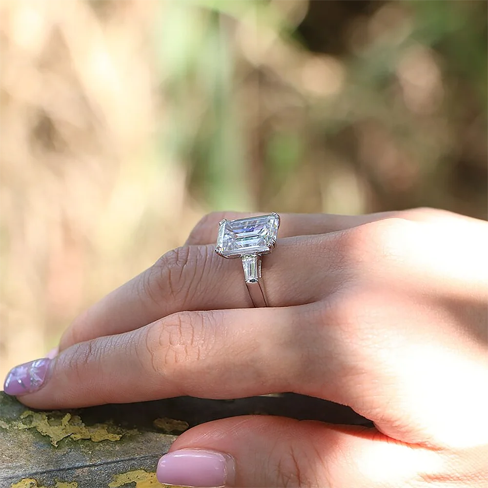 Radiant Cut Moissanite Engagement Ring Baguette Design in Sterling Silver Wedding Jewelry