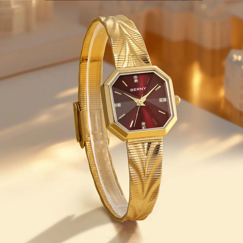 Reloj de cuarzo octogonal BERNY — Brazalete dorado