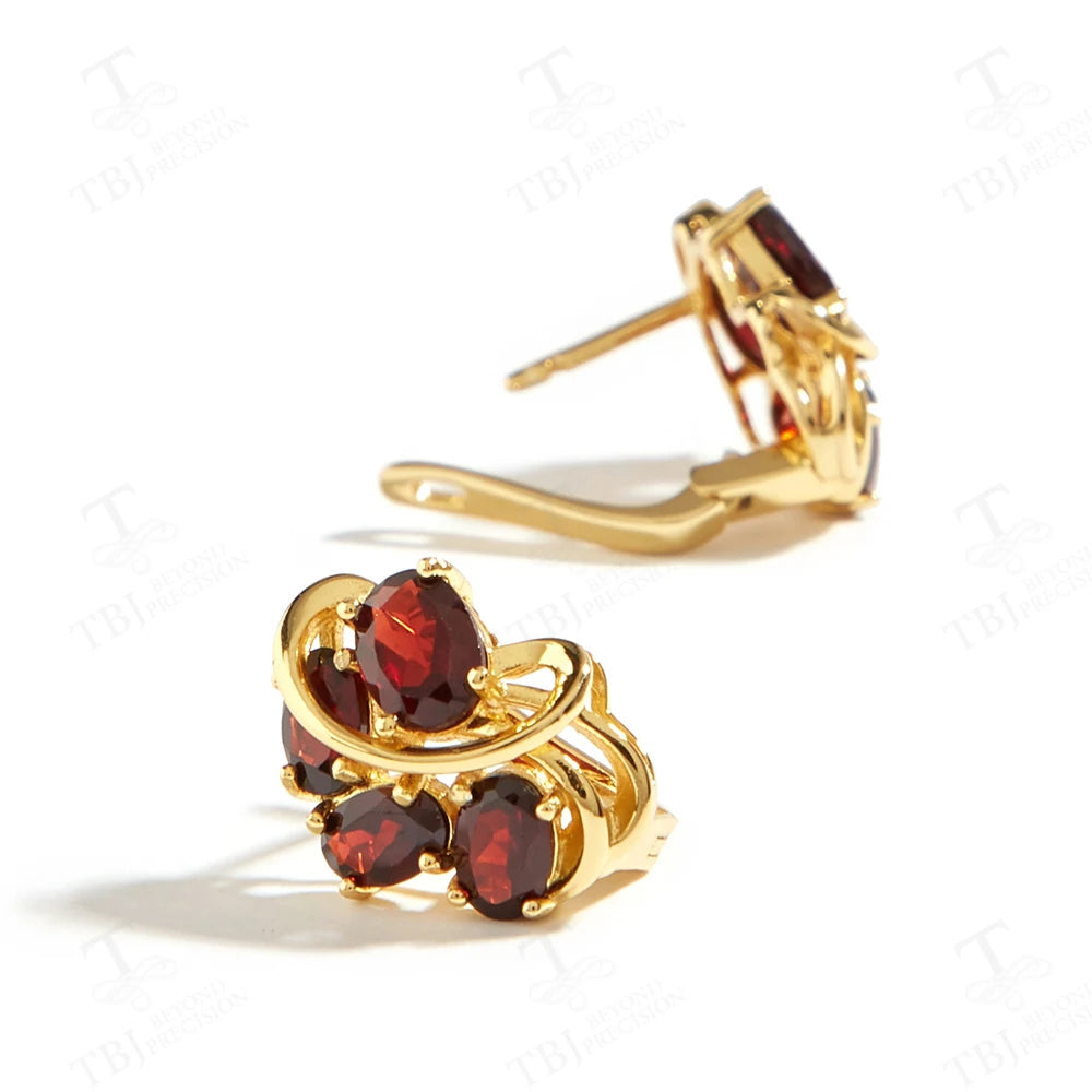 Women’s Garnet Leaf Design Ring and Earring Set Sterling Silver Waterdrop Birthstone Jewelry
