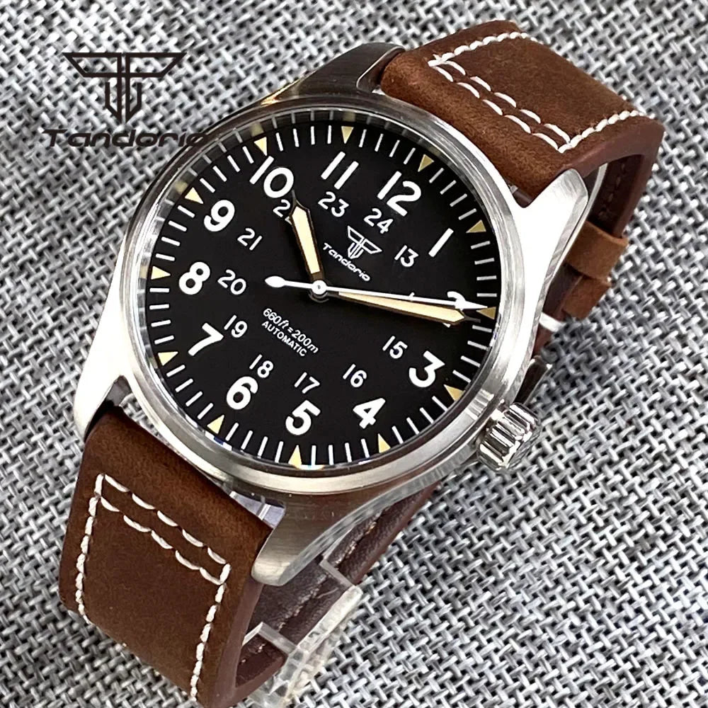 Tandorio 39mm NH35A 20bar Automatic Dive Pilot Men's Watches Sapphire Glass Green Luminous Dial Leather Strap Screw Crown