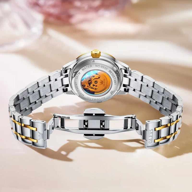 Reloj Automático para Mujer, Esfera con Números Romanos Luminiscente, Calendario Completo, Acero Inoxidable, Resistente al Agua