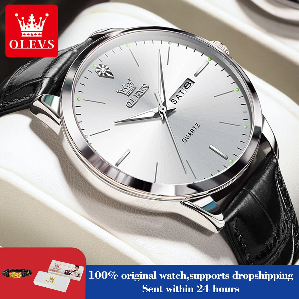 OLEVS 2935 Dual Calendar Quartz Dress Watch For Men Simple Original Leather Man Watches Waterproof Luminous Business Hand Clock