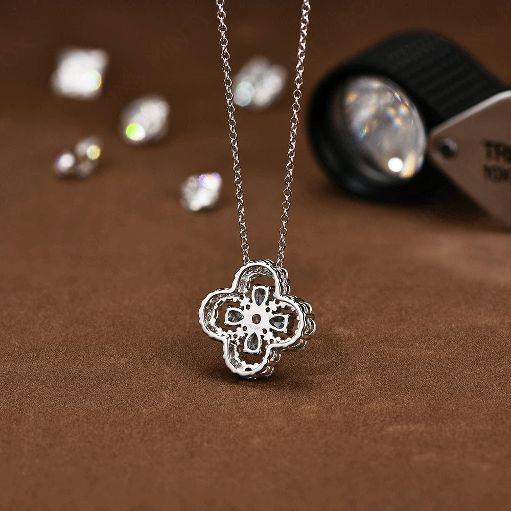 Women’s Moissanite Sterling Silver Clover Pendant Necklace White Gold Luxury Jewelry Gift