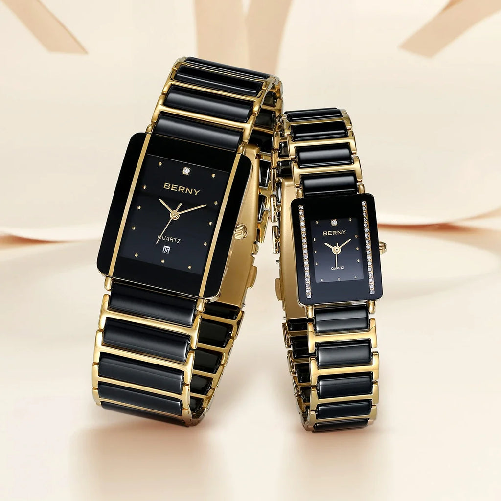 Reloj de Cuarzo Cerámico Rectangular Dorado – Elegancia BERNY