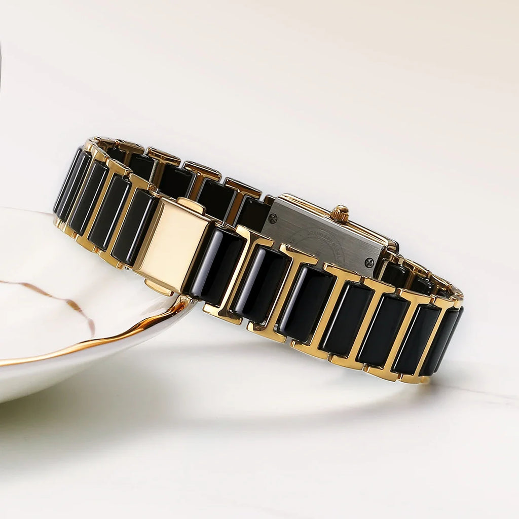 Reloj de Cuarzo Cerámico Rectangular Dorado – Elegancia BERNY