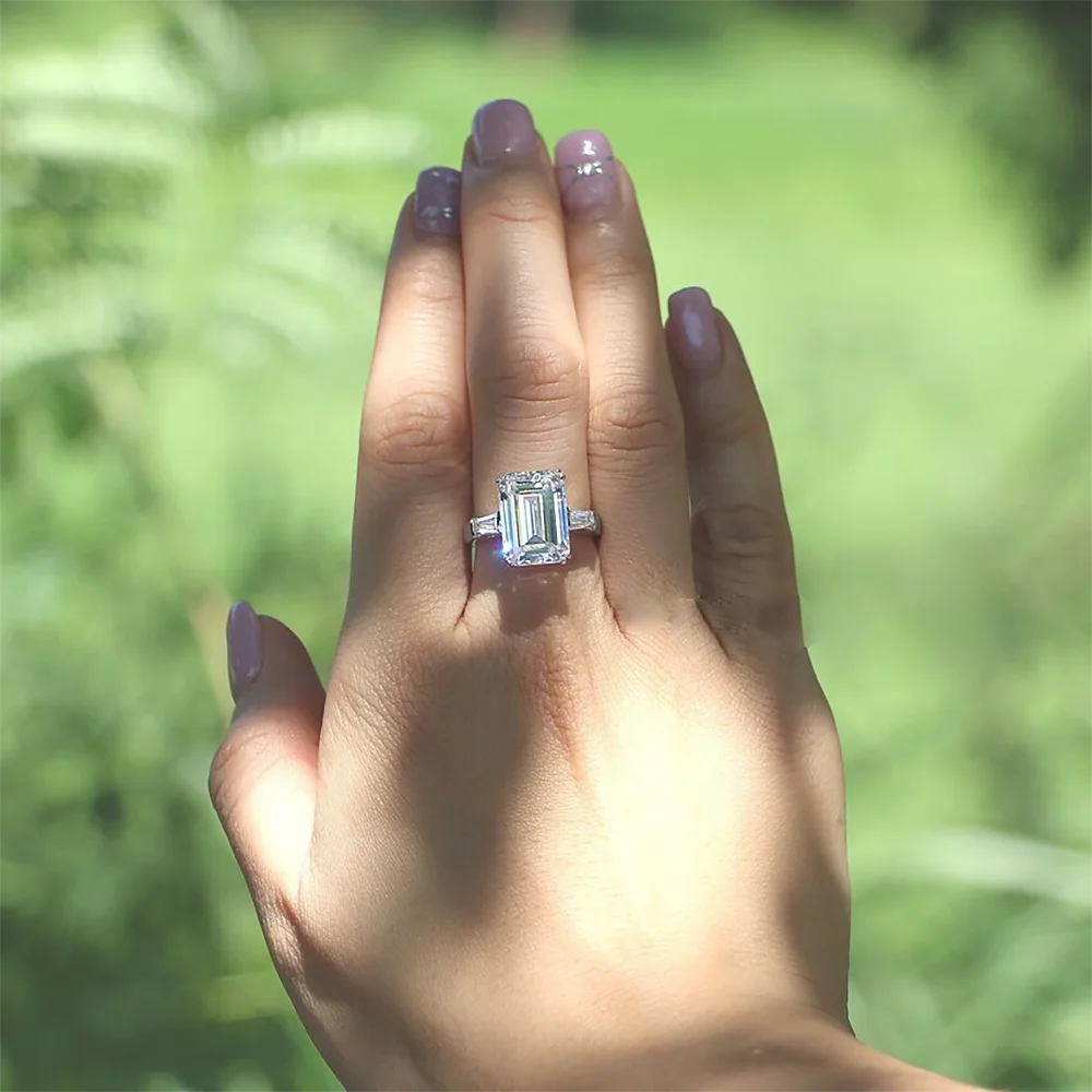 Radiant Cut Moissanite Engagement Ring Baguette Design in Sterling Silver Wedding Jewelry