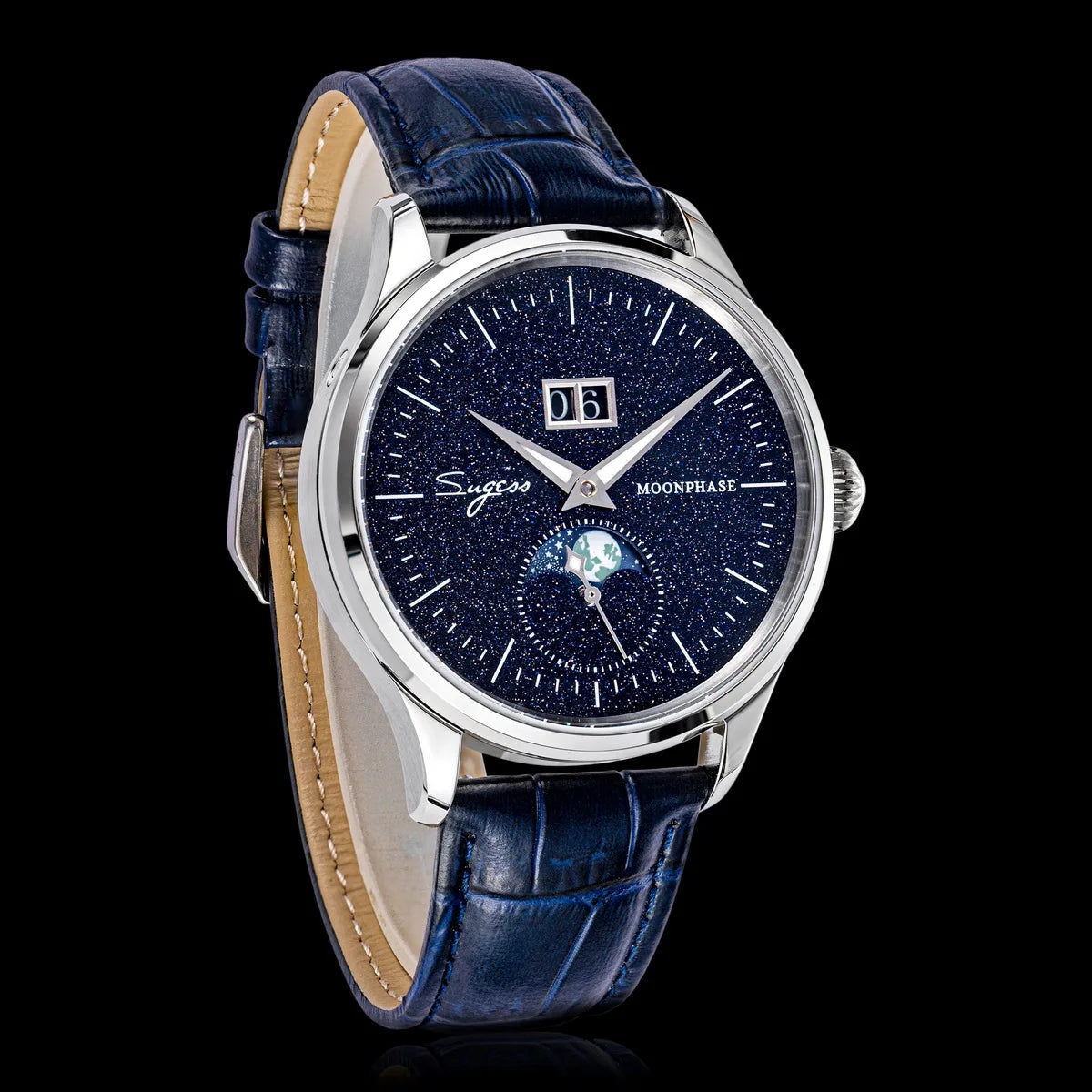 Moonphase watch with blue leather strap on the wrist