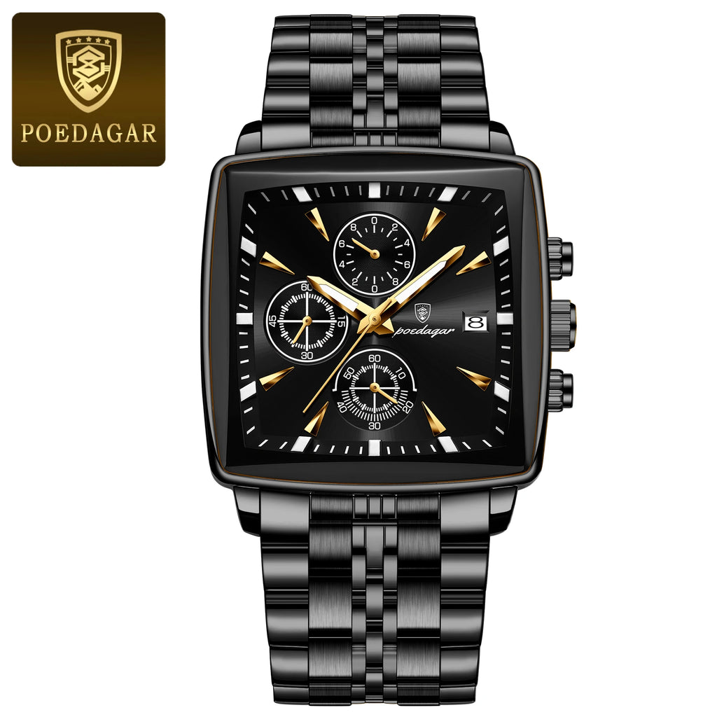 POEDAGAR Square Men Watch Waterproof Luminous Chronograph Calendar Man Wristwatch Stainless Steel Quartz Men's Watches+Box Reloj