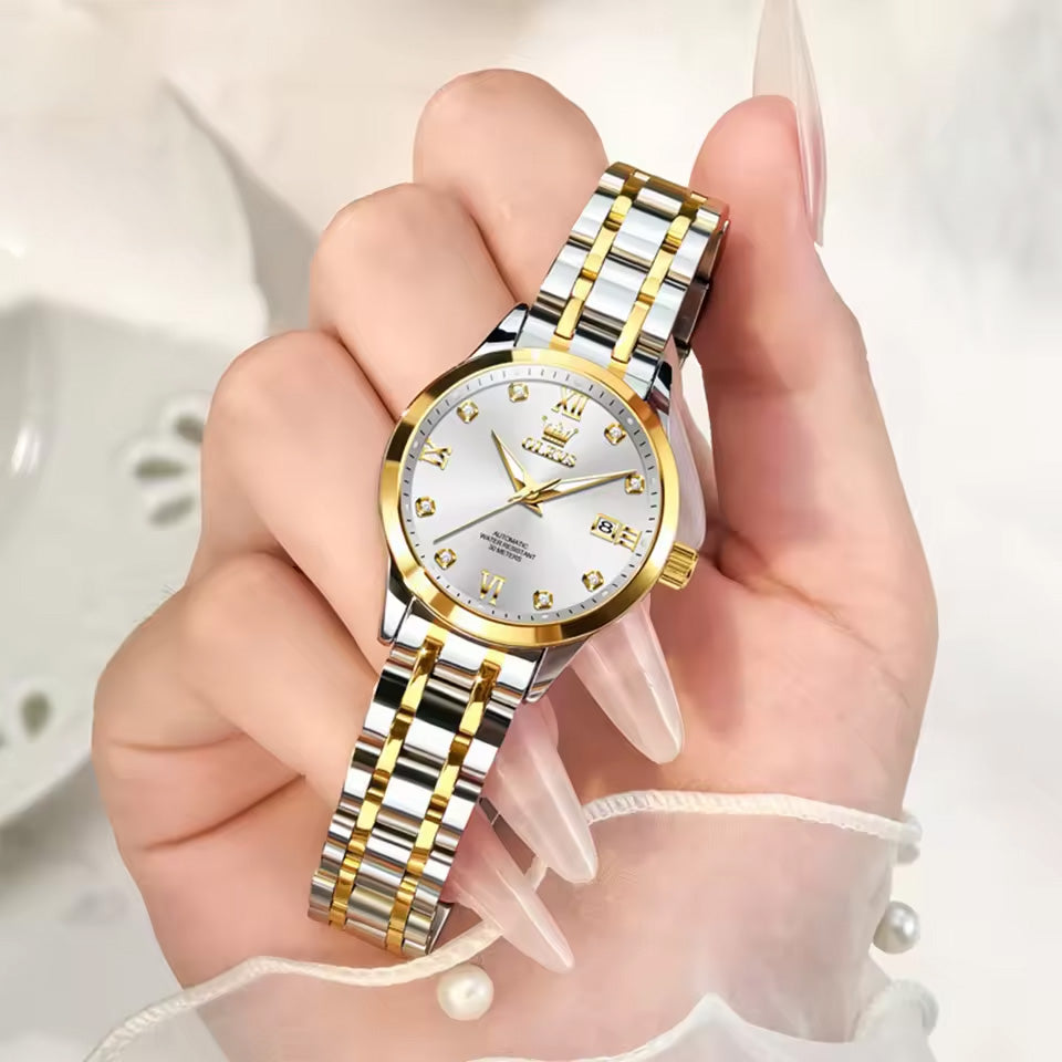 Reloj Automático para Mujer, Esfera con Números Romanos Luminiscente, Calendario Completo, Acero Inoxidable, Resistente al Agua