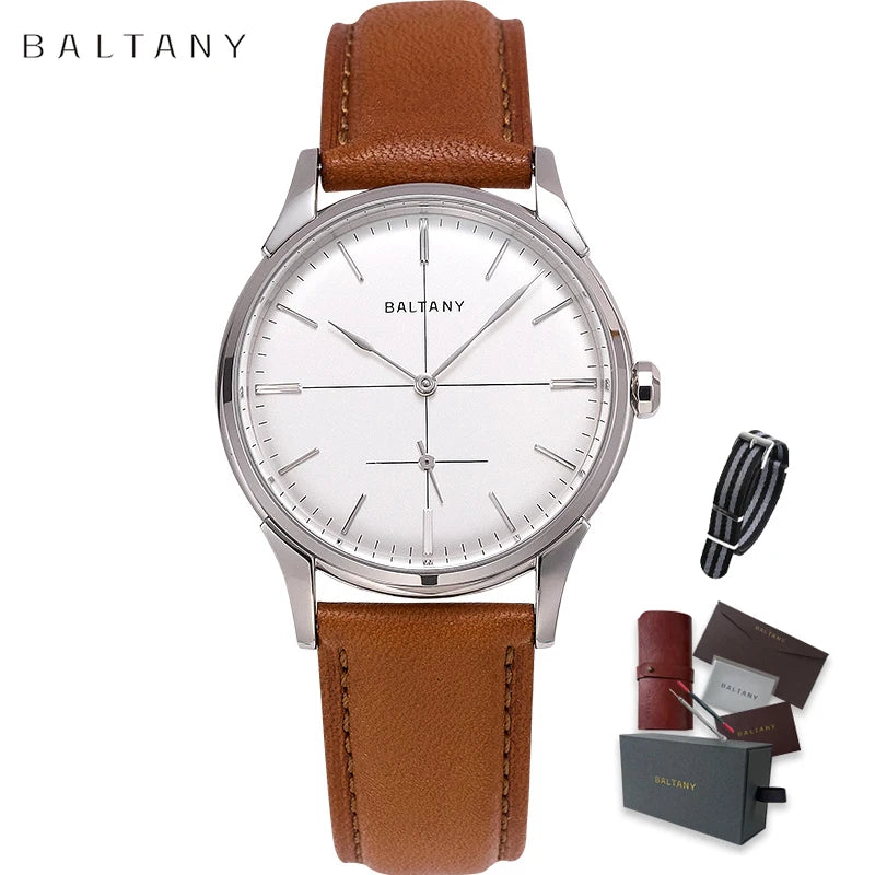 BALTANY Retro Mechanical Dress Watch for Men | Leather Strap with Waterproof Sapphire Crystal