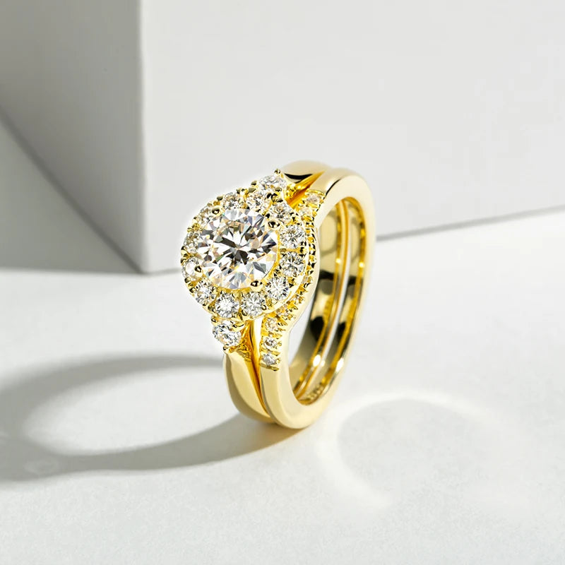Moissanite Engagement Ring Set – 1 Carat, Gold Color 925 Sterling Silver for Women