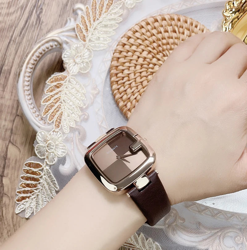 Women Slim Quartz Watch Square Alloy Case 36mm Leather Band Minimalist Water Resistant