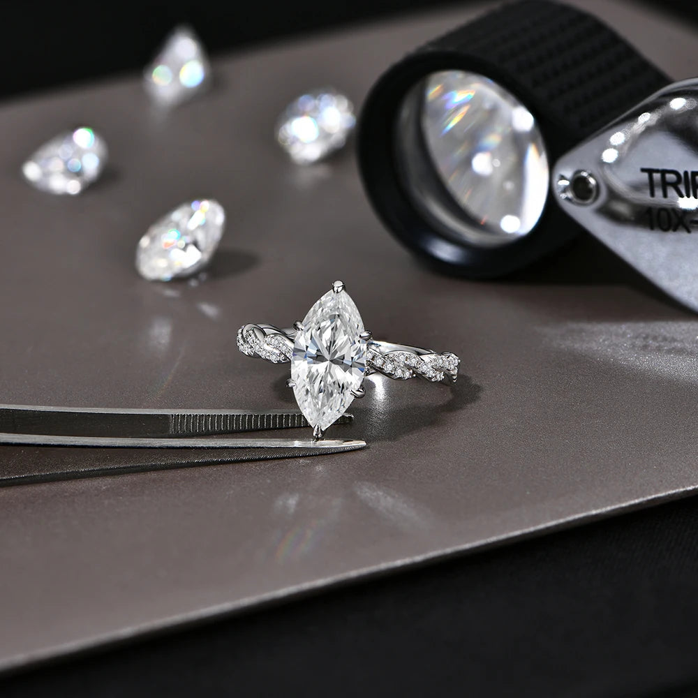 18K White Gold Plated 925 Sterling Silver 3ct Marquise Cut Moissanite Engagement Ring