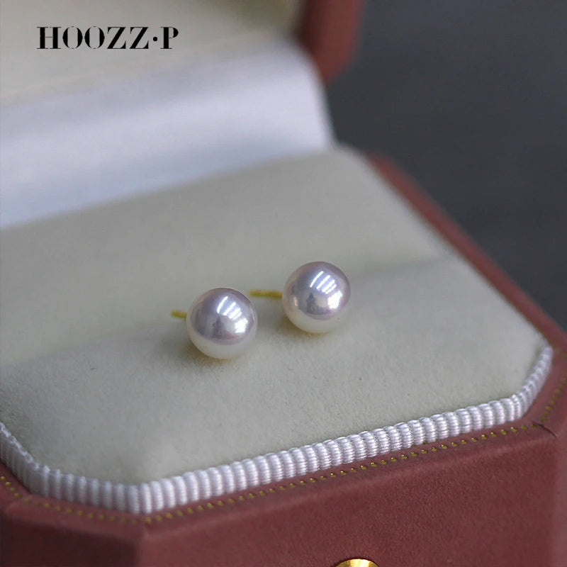 HOOZZ.P Akoya Pearl Stud Earrings AA Quality – 14K Gold & Sterling Silver Mount
