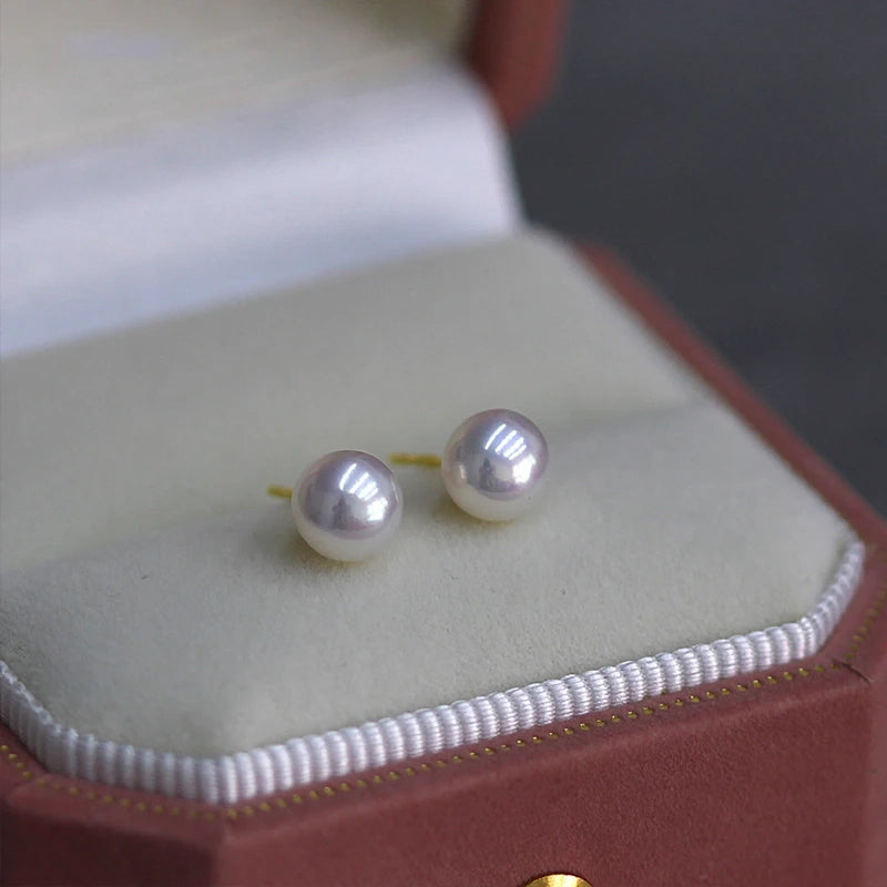 Women's 14K Gold Akoya Pearl Stud Earrings AA Quality Sterling Silver Mount Gift