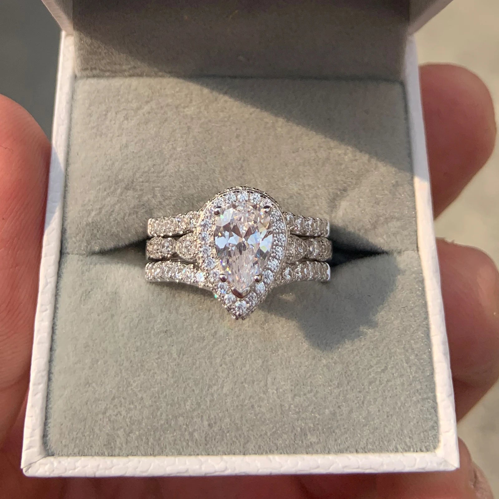 Women’s Pear Cut Zircon Engagement Ring Set 925 Sterling Silver Enhancer Wedding Band