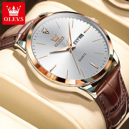 OLEVS 2935 Dual Calendar Quartz Dress Watch For Men Simple Original Leather Man Watches Waterproof Luminous Business Hand Clock - RoyElite