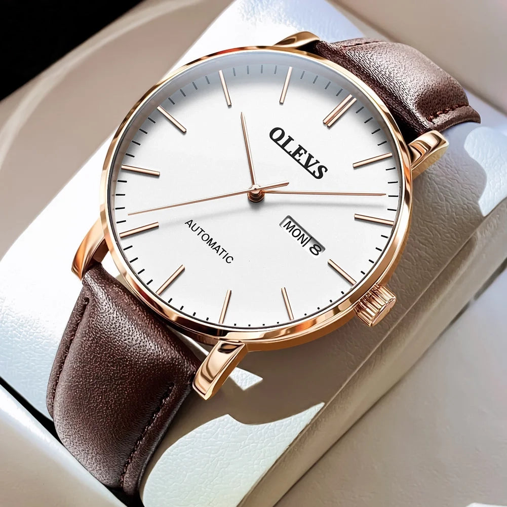 Men’s Minimalist Automatic Watch 11mm Black Dial Rose Gold Mesh Strap Day Date Water Resistant