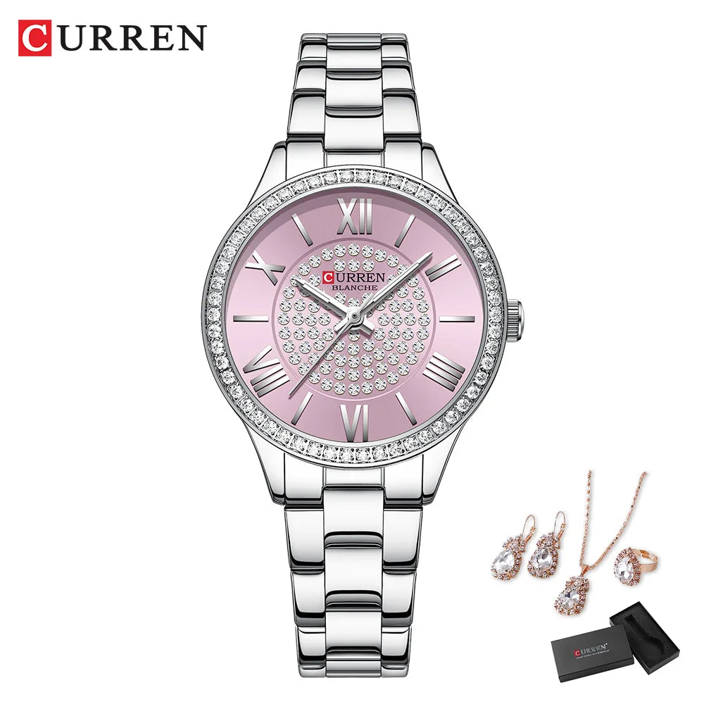 CURREN Women's Fashion Watch Gift Set with Rhinestone Bracelet, Ring, and Earrings