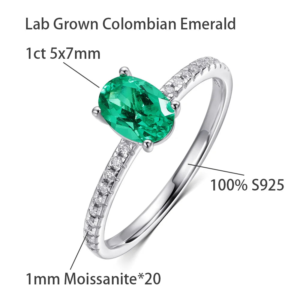 OEVAS 1ct Oval Lab-Grown Colombian Emerald Ring – Moissanite Accents, 925 Sterling Silver