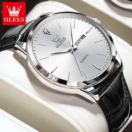 OLEVS Fashion Business Brand Original Men Watches Leather Strap Trend Week Calendar Quartz Watch Luminous Waterproof 43mm Dial - RoyElite