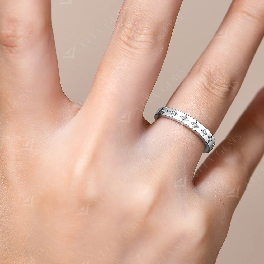 18K White Gold Plated 925 Sterling Silver Star Moissanite Wedding Band for Women