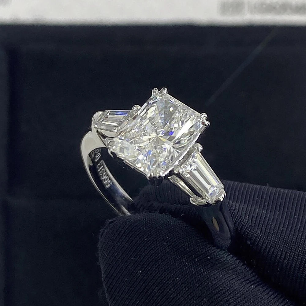 Radiant Cut Moissanite Engagement Ring Baguette Design in Sterling Silver Wedding Jewelry