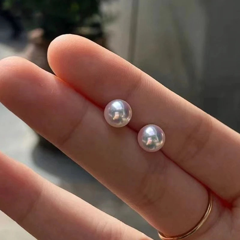 Women's 14K Gold Akoya Pearl Stud Earrings AA Quality Sterling Silver Mount Gift