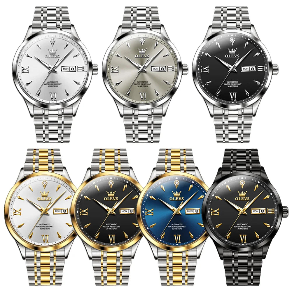 OLEVS 9956 Mens Watch Original Fashion Automatic Mechanical Watch For Man Waterproof Luminous Reloj Hombre Dual Calendar Display