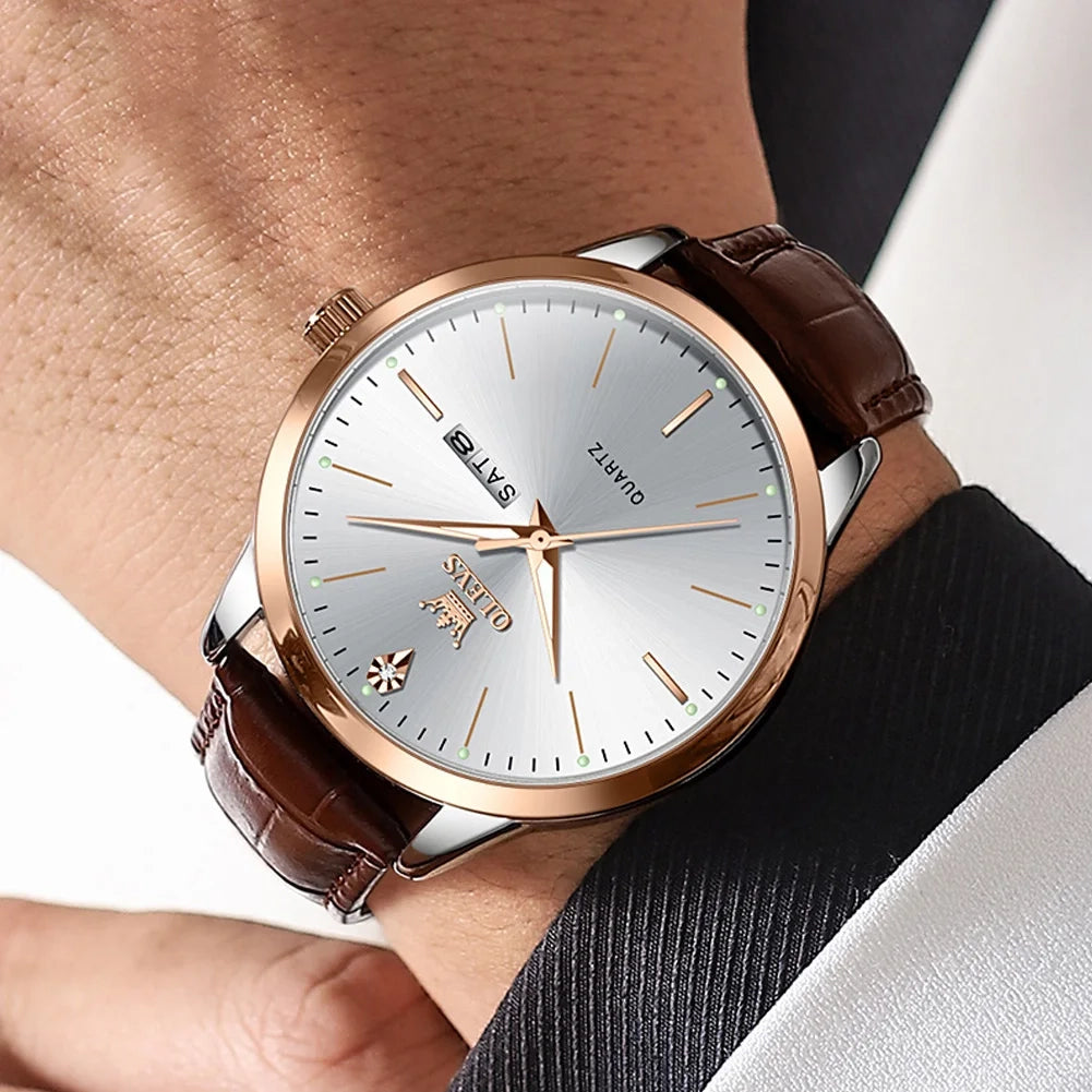 Men’s Quartz Watch 43mm Leather Strap Week Calendar Luminous Hardlex Water Resistant