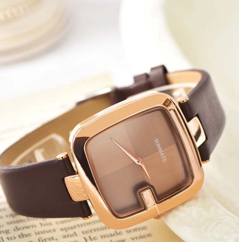 Women Slim Quartz Watch Square Alloy Case 36mm Leather Band Minimalist Water Resistant