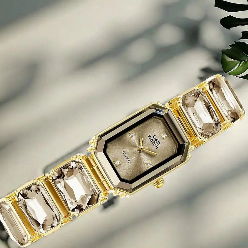 Gema watch dial and gem-cut bracelet links, close view