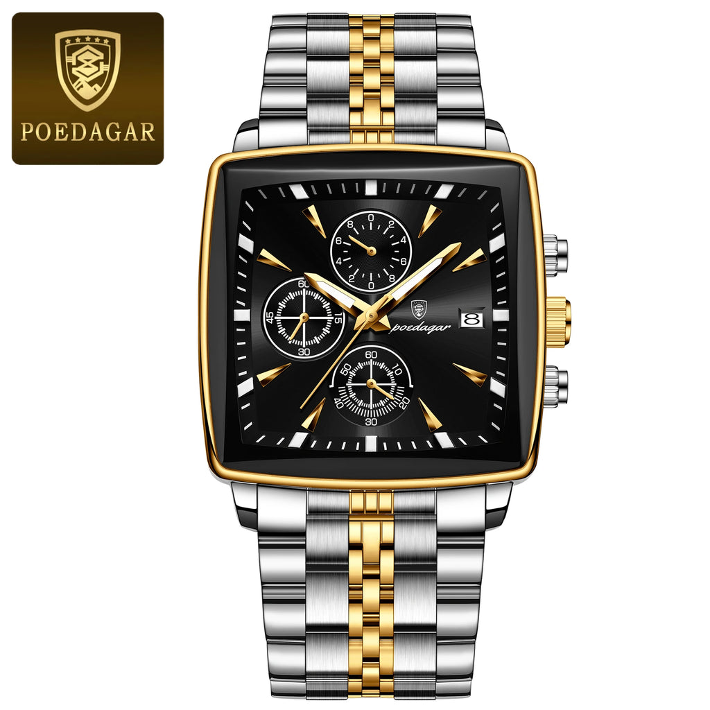 POEDAGAR Square Men Watch Waterproof Luminous Chronograph Calendar Man Wristwatch Stainless Steel Quartz Men's Watches+Box Reloj